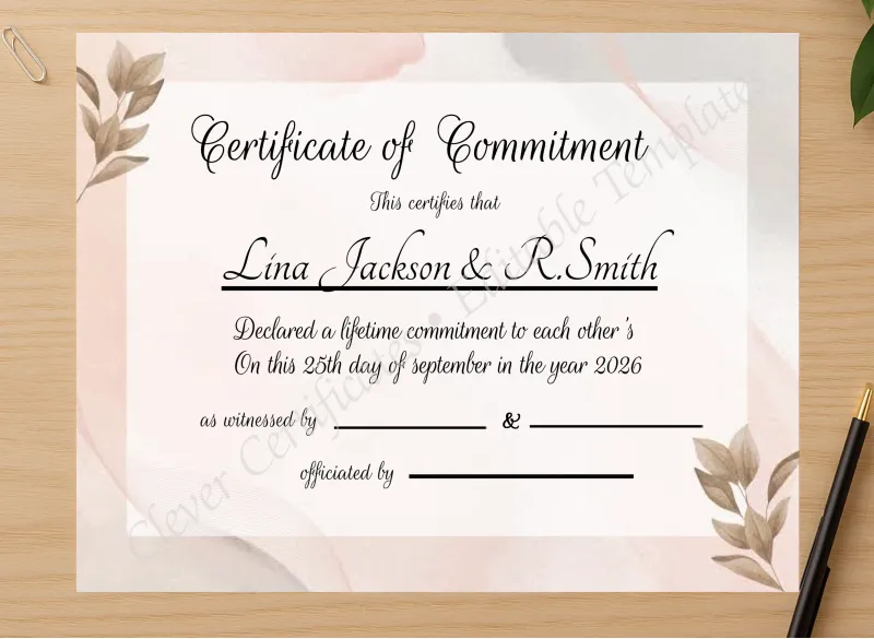 Professional preview of Printable Commitment Certificate certificate on high-quality stationery paper, ideal for showcasing the final look.
