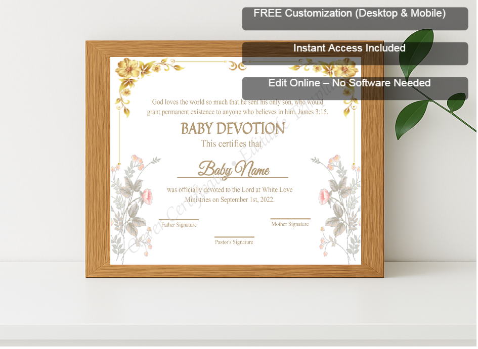 Premium mockup with Free Editor badge stack for Editable Certification Of Baby Devotion