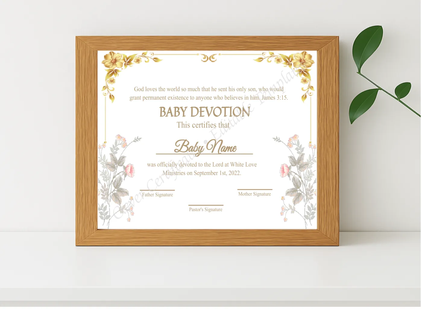 Realistic mockup featuring Editable Certification Of Baby Devotion displayed within a modern frame, set against a minimalistic background.