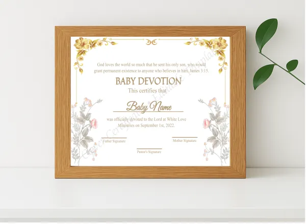 Realistic mockup featuring Editable Certification Of Baby Devotion displayed within a modern frame, set against a minimalistic background.