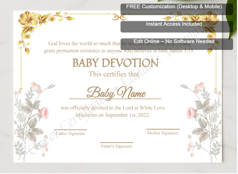 Framed preview featuring Free Editor badge stack for Editable Certification Of Baby Devotion