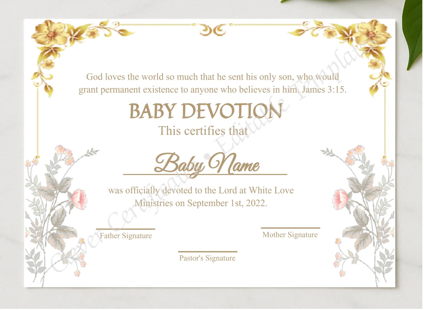 Editable Certification Of Baby Devotion presented in a sleek wooden frame, elegantly arranged on a stylish table.