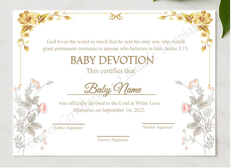 Editable Certification Of Baby Devotion presented in a sleek wooden frame, elegantly arranged on a stylish table.
