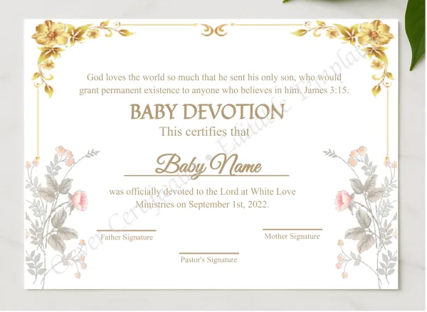 Editable Certification Of Baby Devotion presented in a sleek wooden frame, elegantly arranged on a stylish table.