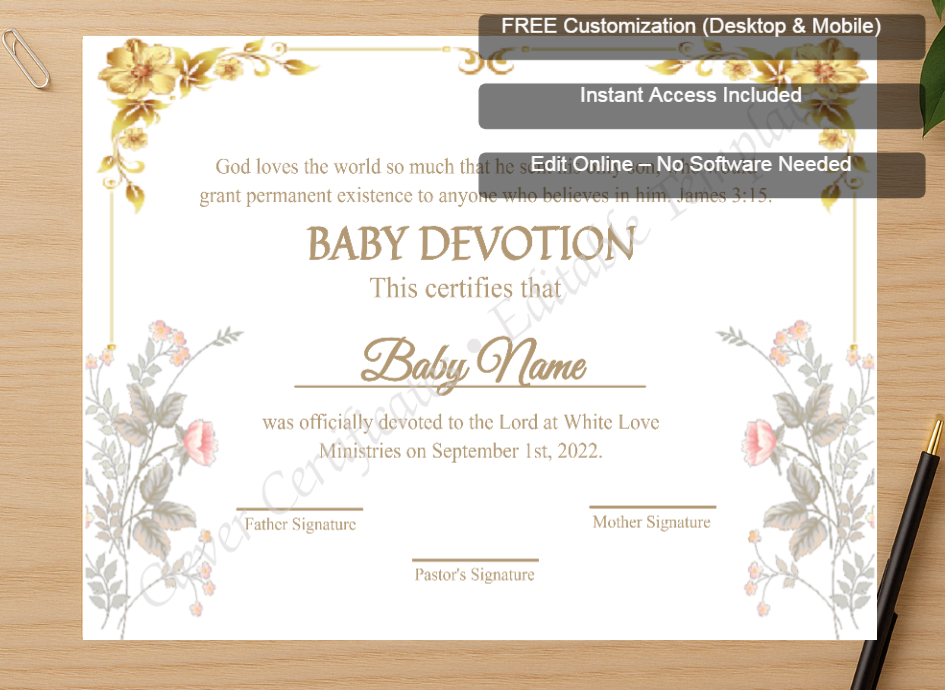Zoomed preview with Free Editor badge stack for Editable Certification Of Baby Devotion