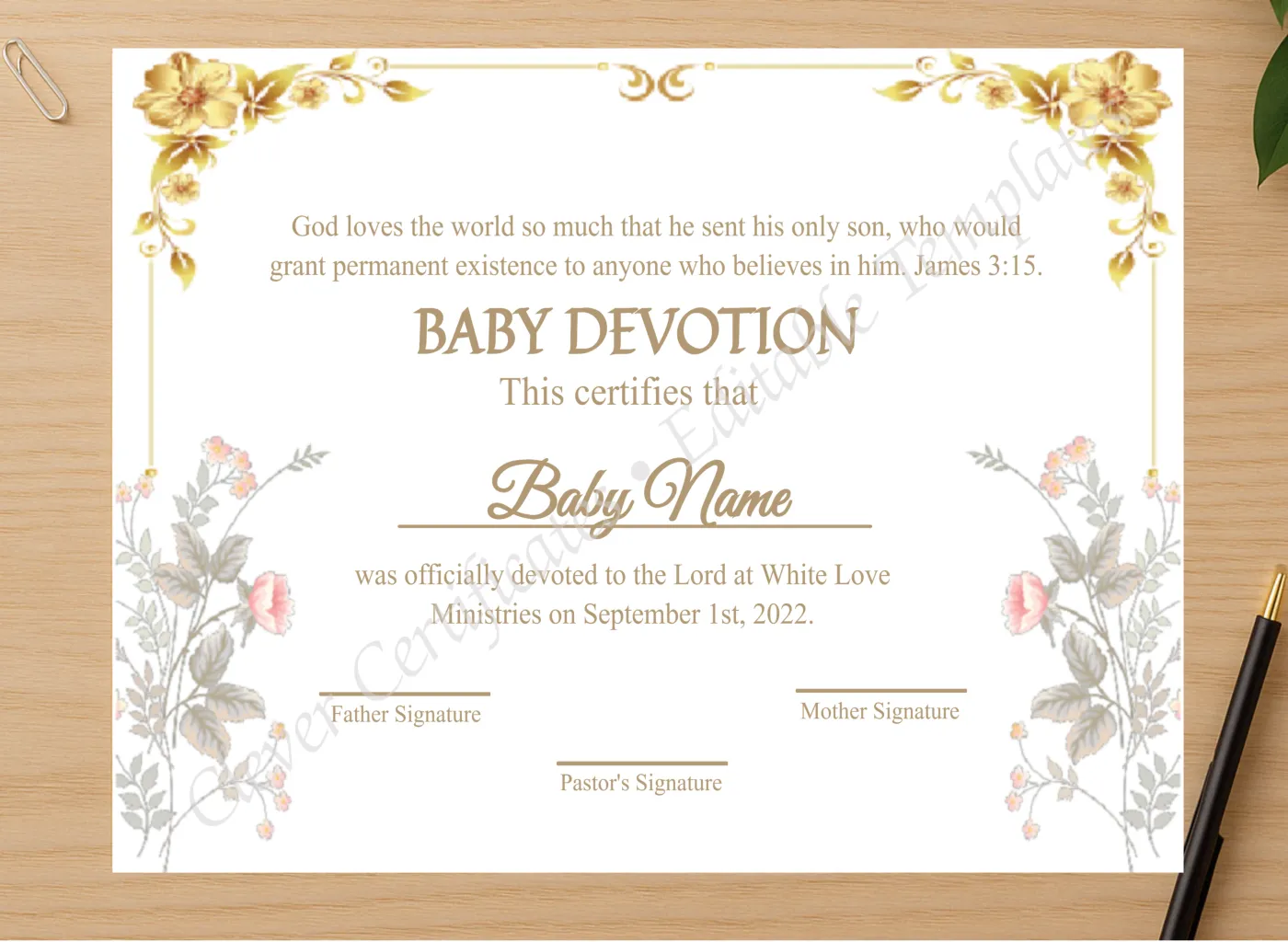 Professional preview of Editable Certification Of Baby Devotion certificate on high-quality stationery paper, ideal for showcasing the final look.