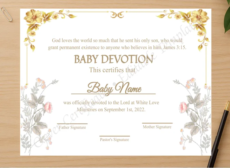 Professional preview of Editable Certification Of Baby Devotion certificate on high-quality stationery paper, ideal for showcasing the final look.