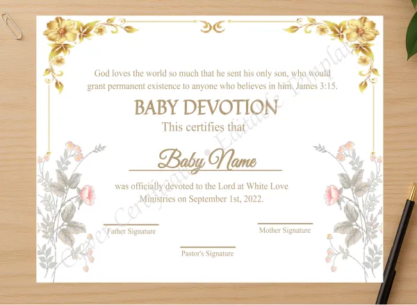 Professional preview of Editable Certification Of Baby Devotion certificate on high-quality stationery paper, ideal for showcasing the final look.
