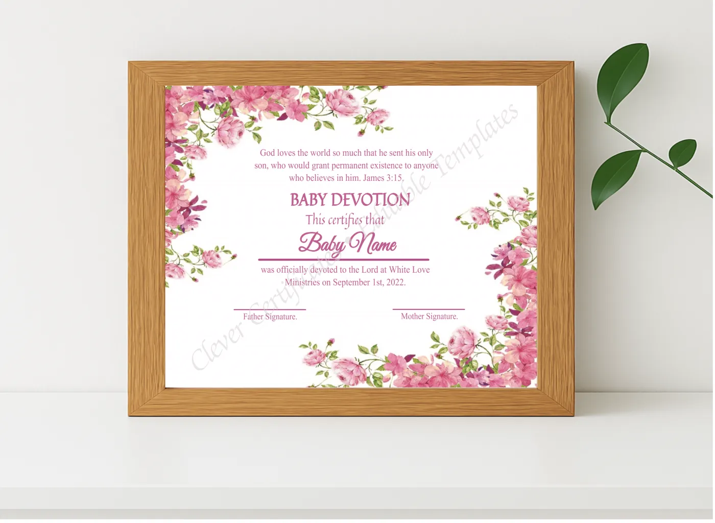 Realistic mockup featuring Editable Floral Baby Devotion Certificate displayed within a modern frame, set against a minimalistic background.