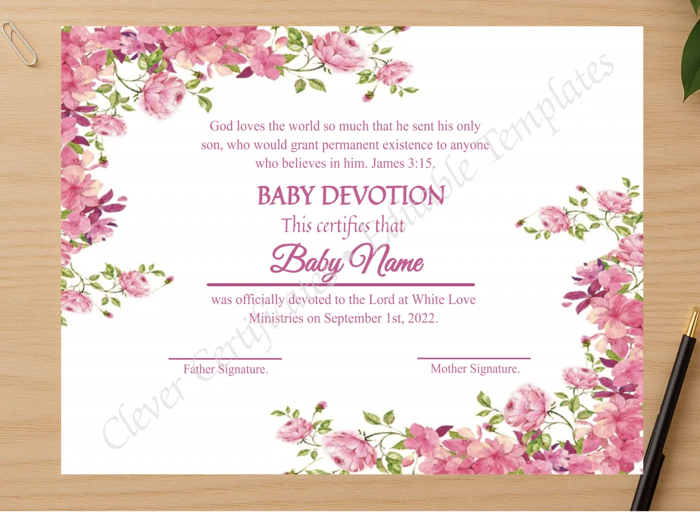 Professional preview of Editable Floral Baby Devotion Certificate certificate on high-quality stationery paper, ideal for showcasing the final look.