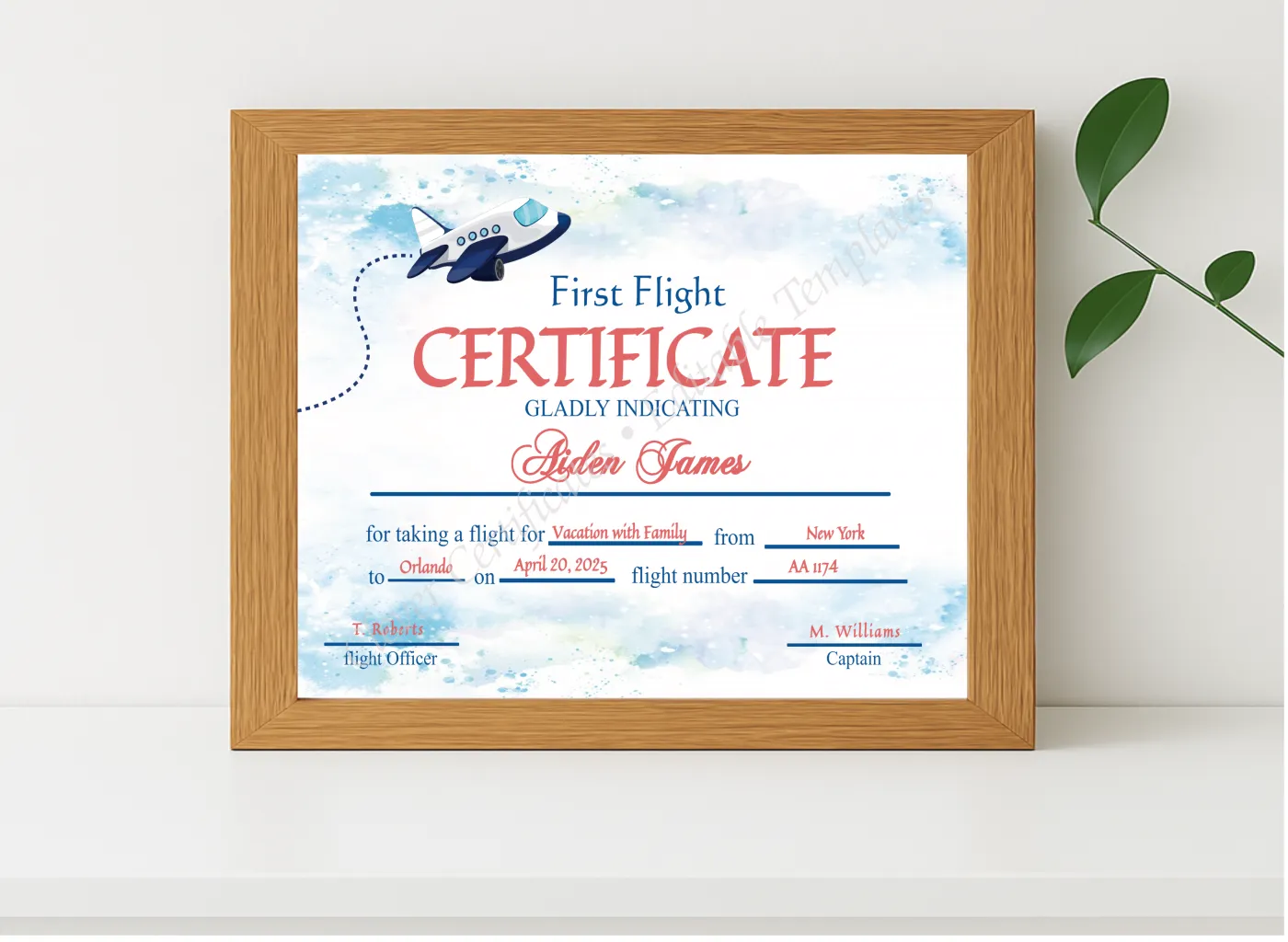 Realistic mockup featuring Editable First Flight Certificate   displayed within a modern frame, set against a minimalistic background.