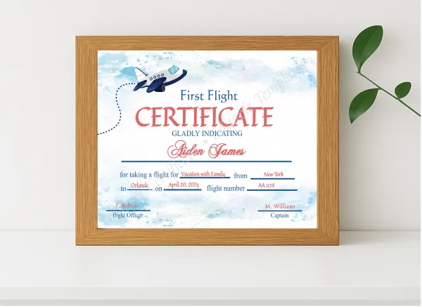 Realistic mockup featuring Editable First Flight Certificate   displayed within a modern frame, set against a minimalistic background.