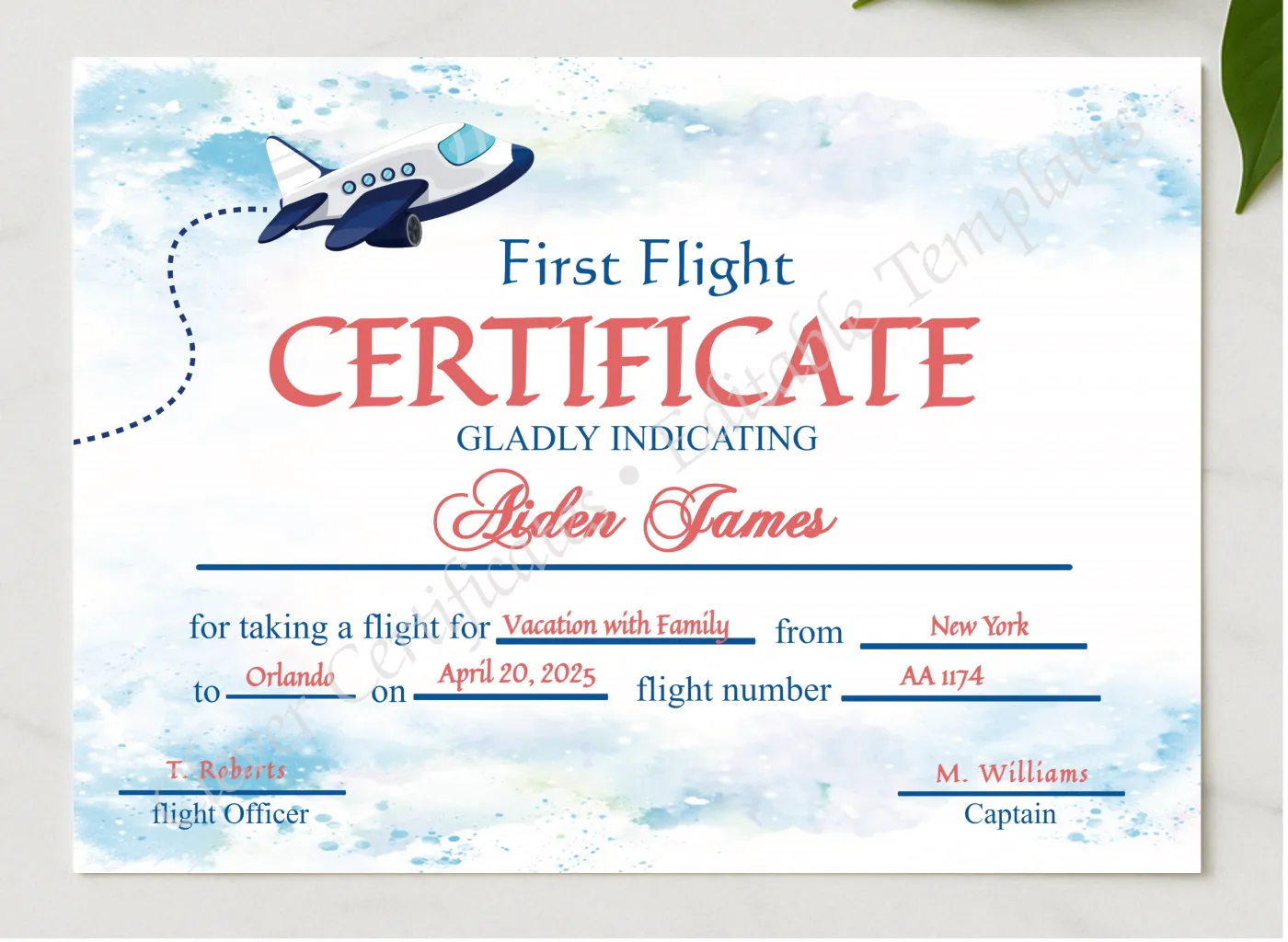 Editable First Flight Certificate   presented in a sleek wooden frame, elegantly arranged on a stylish table.