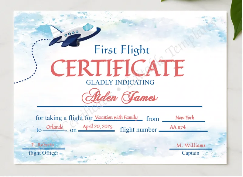 Editable First Flight Certificate   presented in a sleek wooden frame, elegantly arranged on a stylish table.