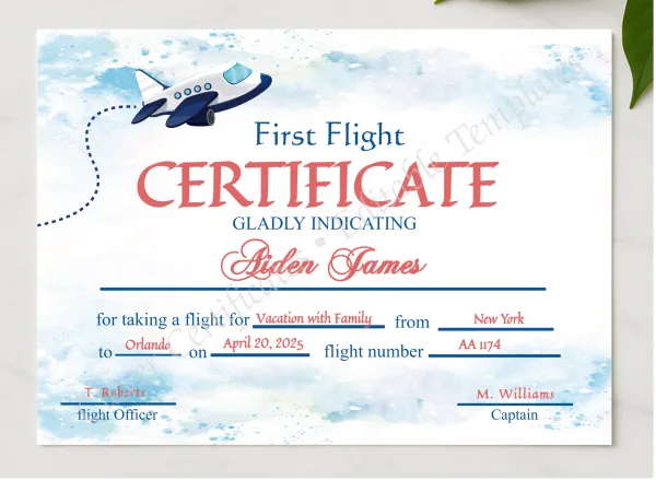 Editable First Flight Certificate   presented in a sleek wooden frame, elegantly arranged on a stylish table.