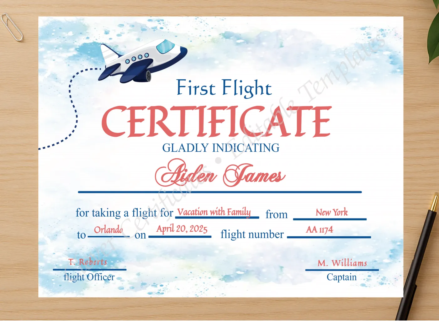 Professional preview of Editable First Flight Certificate   certificate on high-quality stationery paper, ideal for showcasing the final look.