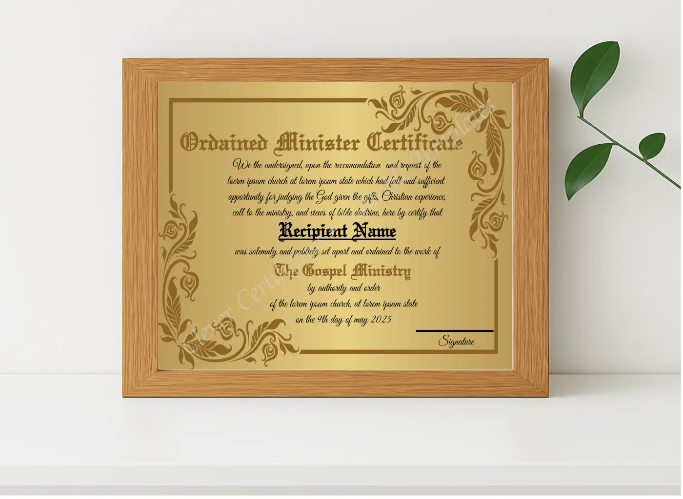 Realistic mockup featuring Printable Ordination Certificate Design  displayed within a modern frame, set against a minimalistic background.
