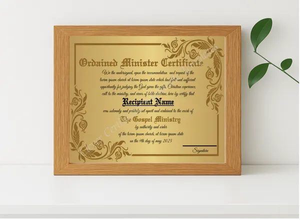 Realistic mockup featuring Printable Ordination Certificate Design  displayed within a modern frame, set against a minimalistic background.