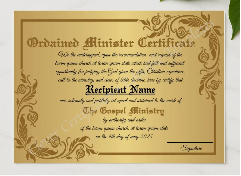 Printable Ordination Certificate Design  presented in a sleek wooden frame, elegantly arranged on a stylish table.