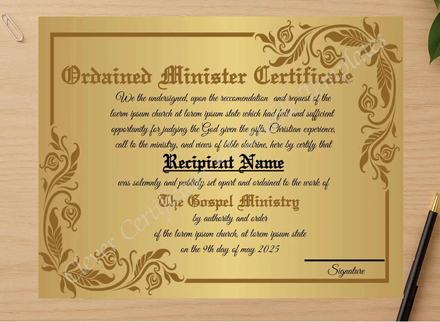 Professional preview of Printable Ordination Certificate Design  certificate on high-quality stationery paper, ideal for showcasing the final look.