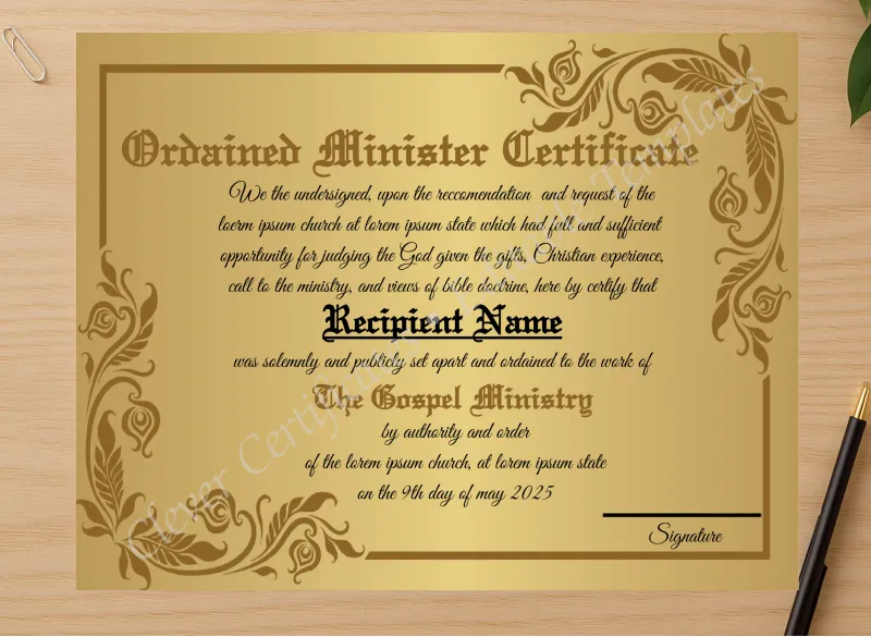 Professional preview of Printable Ordination Certificate Design  certificate on high-quality stationery paper, ideal for showcasing the final look.
