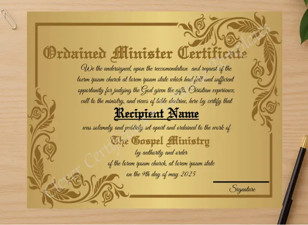 Professional preview of Printable Ordination Certificate Design  certificate on high-quality stationery paper, ideal for showcasing the final look.
