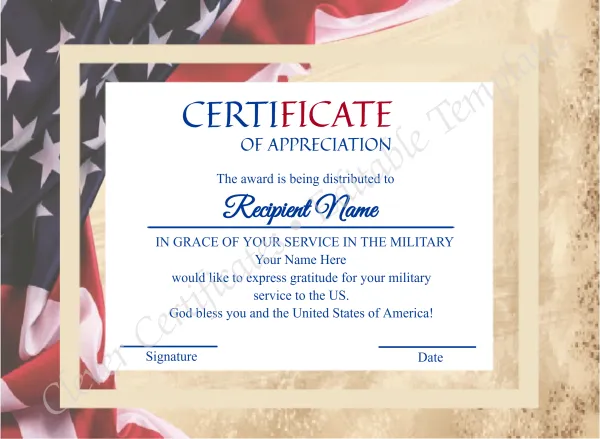 Editable Military Service Of America  Appreciation Certificate