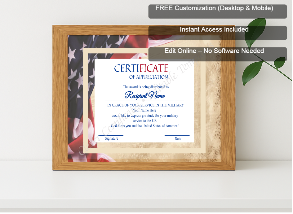Premium mockup with Free Editor badge stack for Editable Military Service Of America  Appreciation Certificate