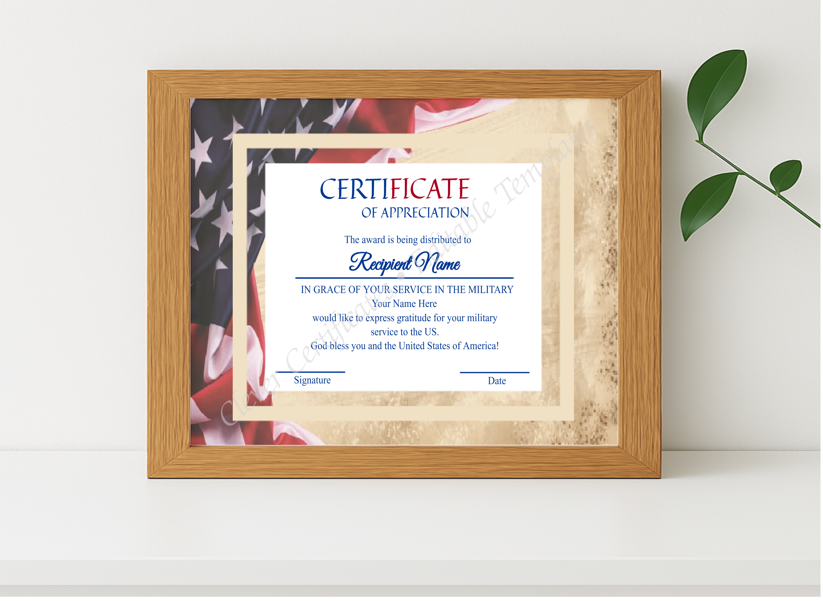 Realistic mockup featuring Editable Military Service Of America  Appreciation Certificate displayed within a modern frame, set against a minimalistic background.