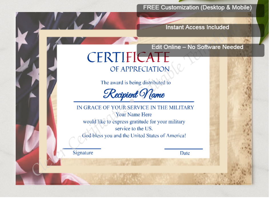 Framed preview featuring Free Editor badge stack for Editable Military Service Of America  Appreciation Certificate