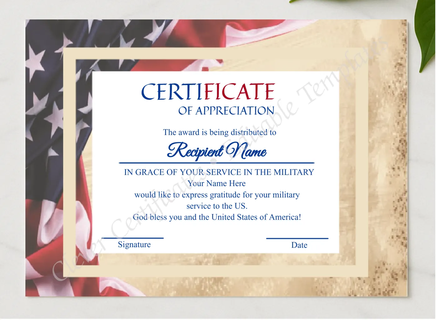 Editable Military Service Of America  Appreciation Certificate presented in a sleek wooden frame, elegantly arranged on a stylish table.