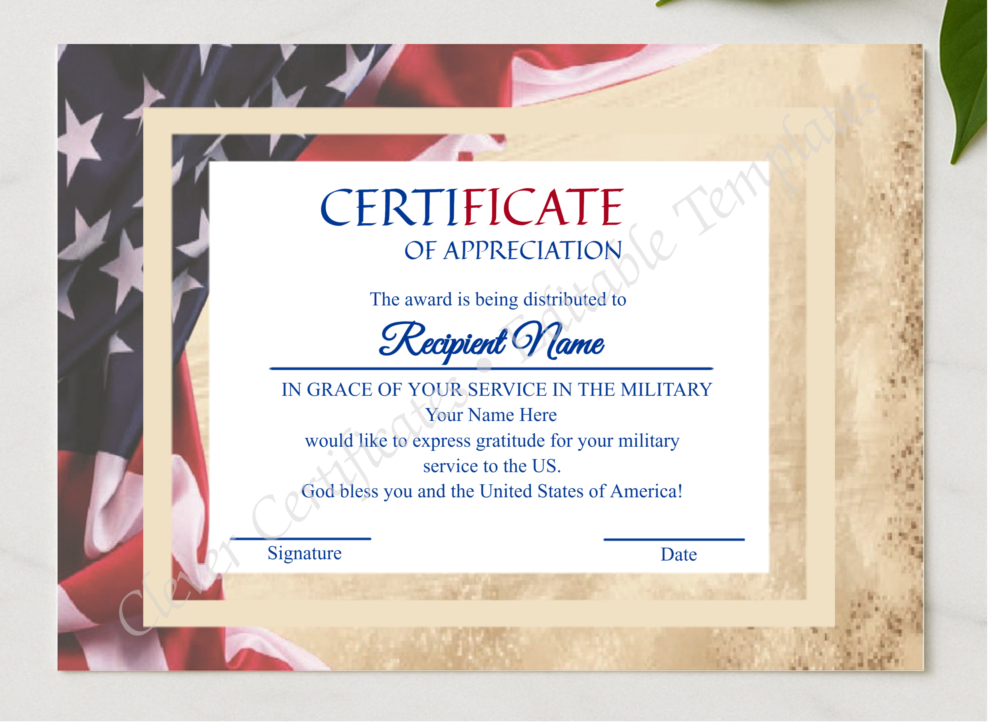 Editable Military Service Of America  Appreciation Certificate presented in a sleek wooden frame, elegantly arranged on a stylish table.