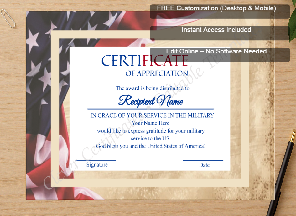 Zoomed preview with Free Editor badge stack for Editable Military Service Of America  Appreciation Certificate