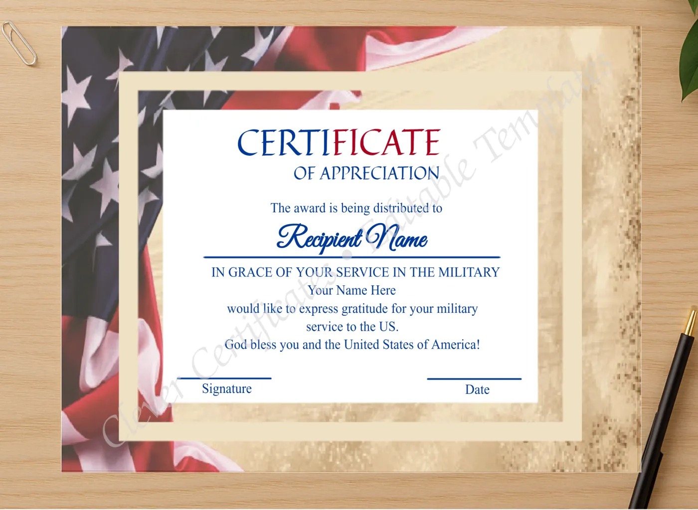 Professional preview of Editable Military Service Of America  Appreciation Certificate certificate on high-quality stationery paper, ideal for showcasing the final look.