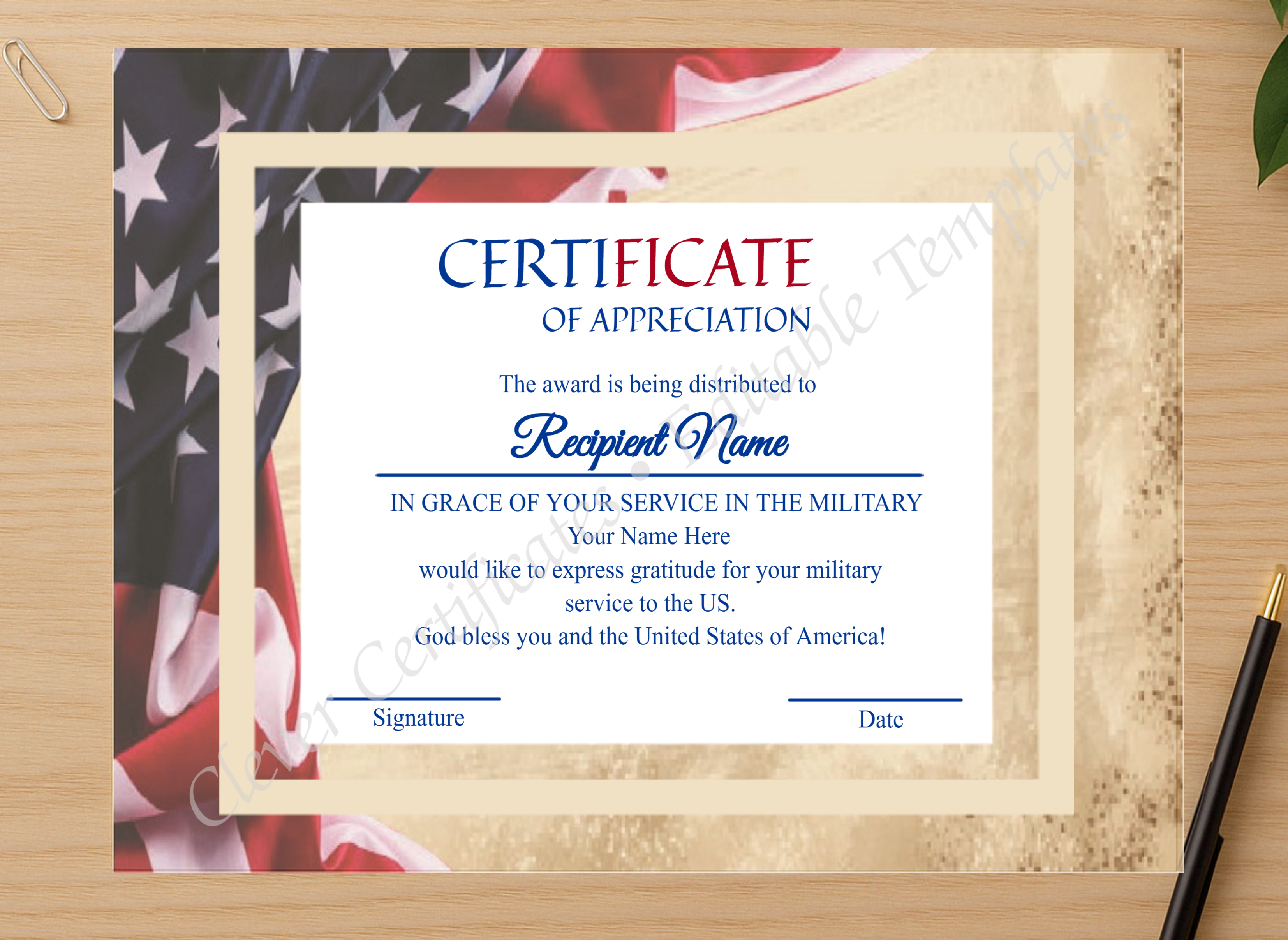 Professional preview of Editable Military Service Of America  Appreciation Certificate certificate on high-quality stationery paper, ideal for showcasing the final look.