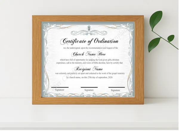 Realistic mockup featuring Downloadable Ordination Certiificate Design displayed within a modern frame, set against a minimalistic background.