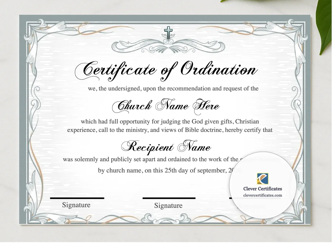 Downloadable Ordination Certiificate Design presented in a sleek wooden frame, elegantly arranged on a stylish table.