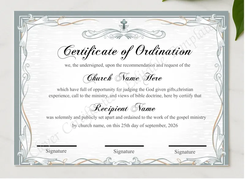 Downloadable Ordination Certiificate Design presented in a sleek wooden frame, elegantly arranged on a stylish table.