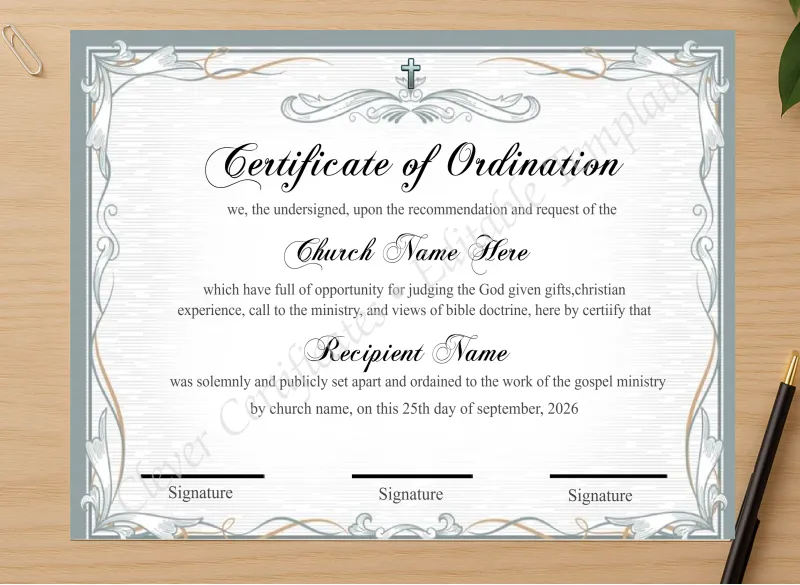 Professional preview of Downloadable Ordination Certiificate Design certificate on high-quality stationery paper, ideal for showcasing the final look.
