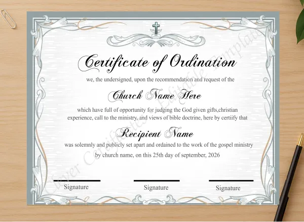 Professional preview of Downloadable Ordination Certiificate Design certificate on high-quality stationery paper, ideal for showcasing the final look.