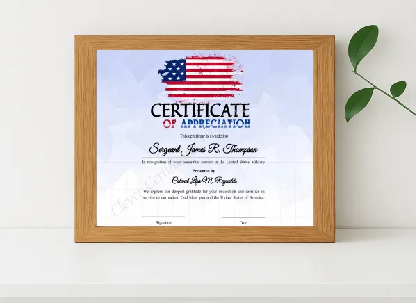 Realistic mockup featuring Editable America Certificate Of Appreciation displayed within a modern frame, set against a minimalistic background.