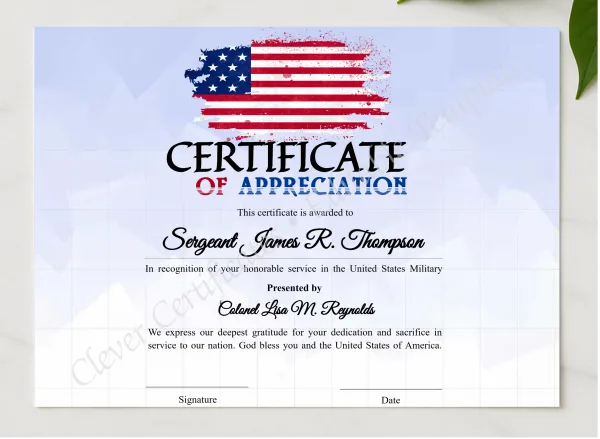 Editable America Certificate Of Appreciation presented in a sleek wooden frame, elegantly arranged on a stylish table.