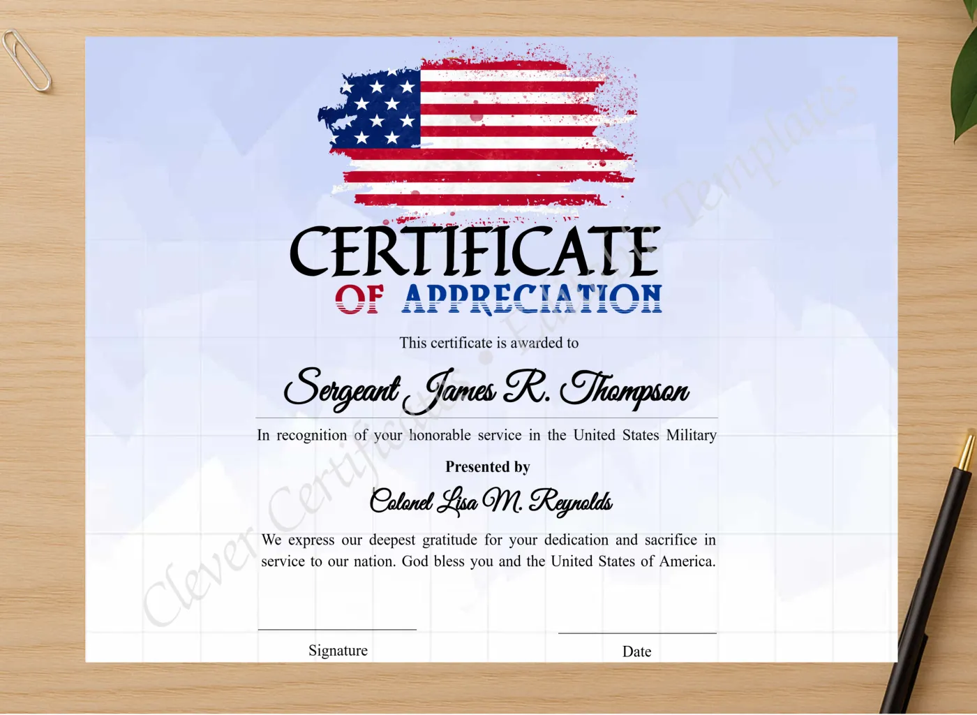 Professional preview of Editable America Certificate Of Appreciation certificate on high-quality stationery paper, ideal for showcasing the final look.
