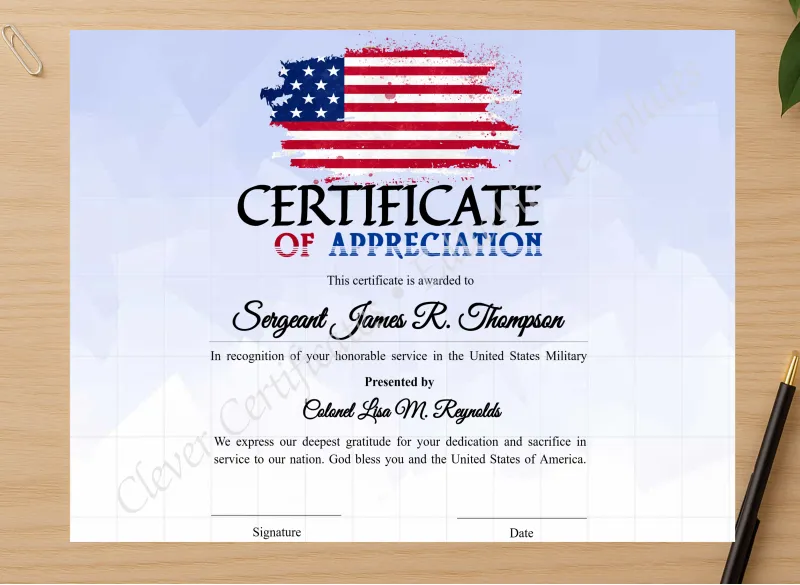 Professional preview of Editable America Certificate Of Appreciation certificate on high-quality stationery paper, ideal for showcasing the final look.