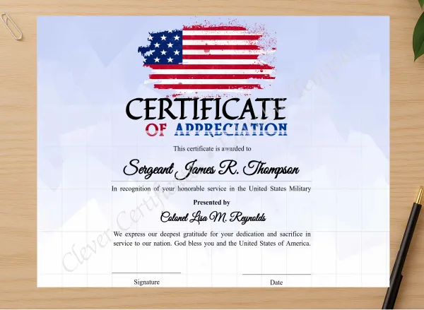 Professional preview of Editable America Certificate Of Appreciation certificate on high-quality stationery paper, ideal for showcasing the final look.