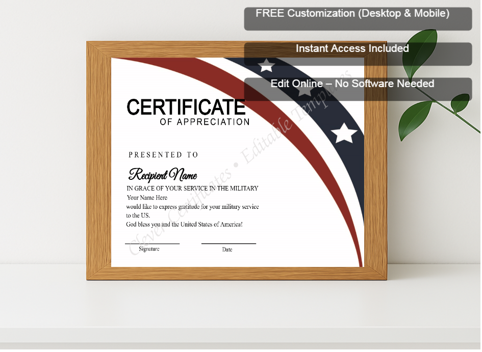 Premium mockup with Free Editor badge stack for Editable Simple American Flag Certificate