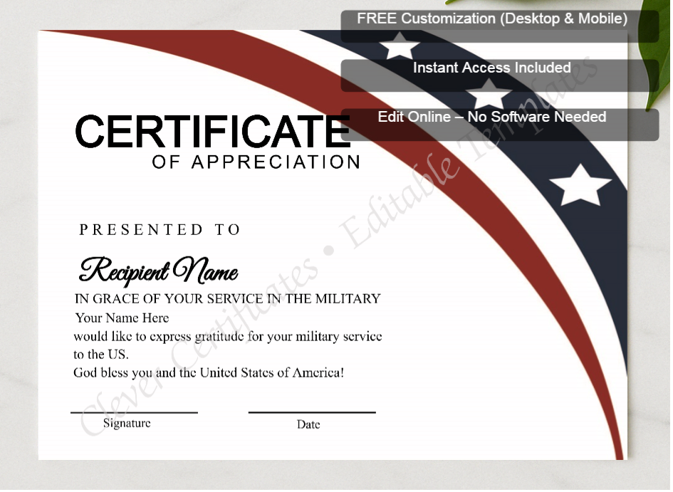 Framed preview featuring Free Editor badge stack for Editable Simple American Flag Certificate