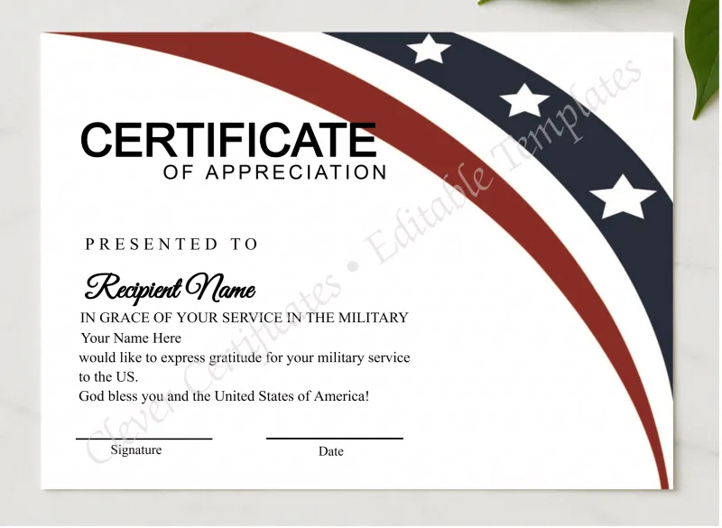 Editable Simple American Flag Certificate presented in a sleek wooden frame, elegantly arranged on a stylish table.