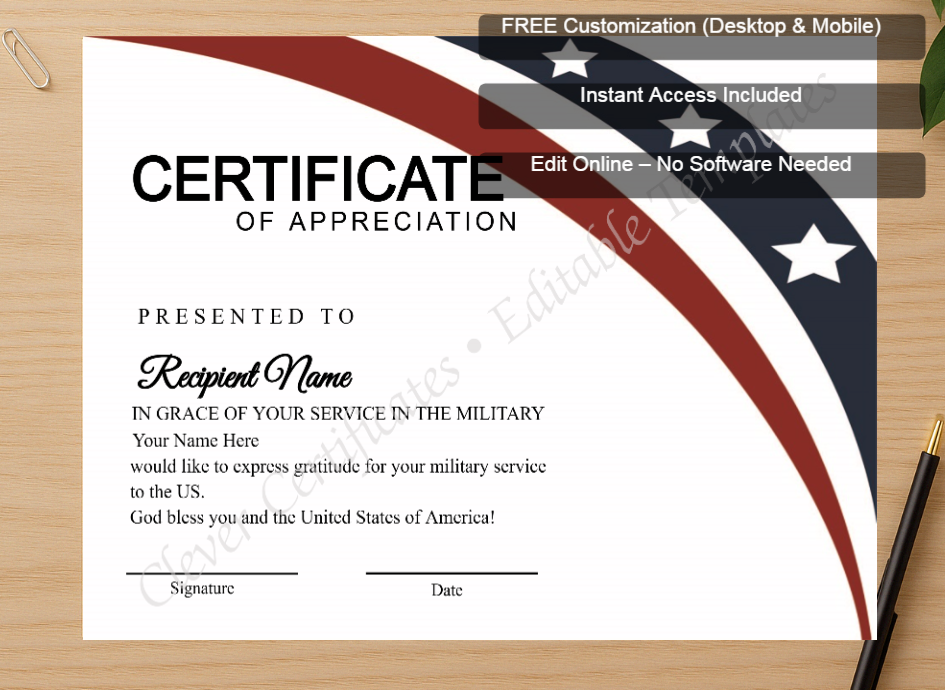 Zoomed preview with Free Editor badge stack for Editable Simple American Flag Certificate
