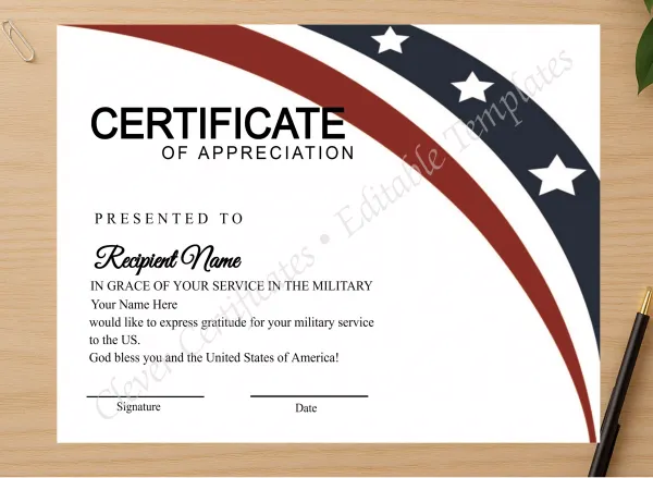 Professional preview of Editable Simple American Flag Certificate certificate on high-quality stationery paper, ideal for showcasing the final look.